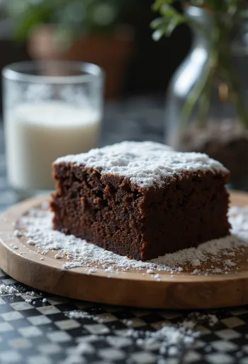Kakaokaka i långpanna skuren i bitar, strödd med florsocker