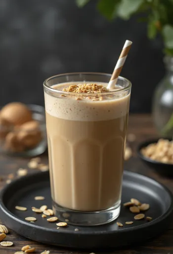 Kaffesmoothie serverad i högt glas, dekorerad med bananskivor