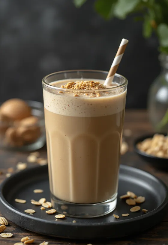 Kaffesmoothie serverad i högt glas, dekorerad med bananskivor