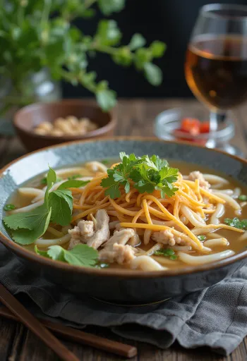 Pho Ga serverad med risnudlar, färska örter och limeskivor