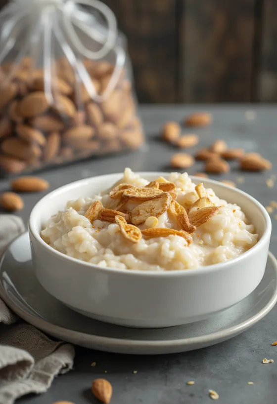 Krämig dansk risengrød serverad med knapriga mandelbitar