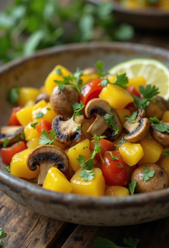 Ackee och svamp, en läcker rätt serverad med färsk koriander och limeskivor
