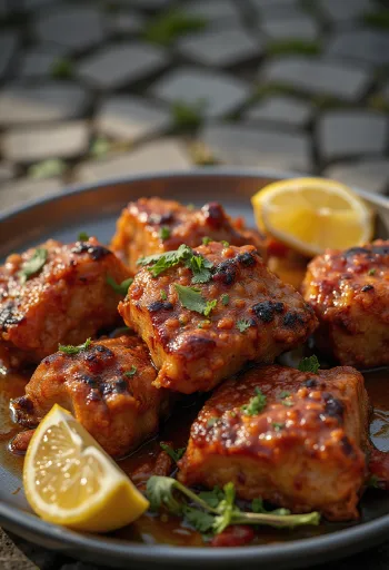 Tandoori getkött serverat med naanbröd och färsk koriander.