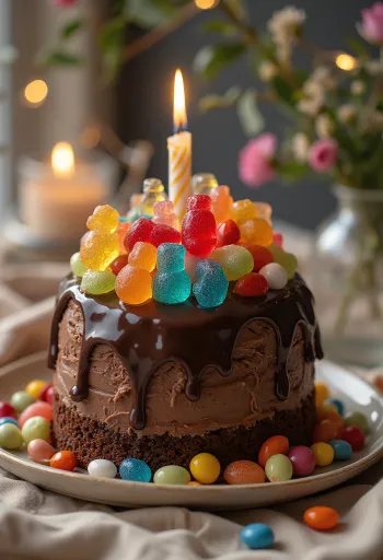 Godis-chokladtårta dekorerad med färgat godis och pärlor