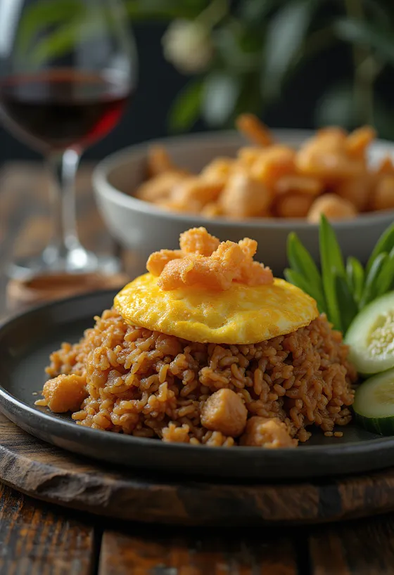 Nasi Goreng med Kyckling, serverad med rika kryddor, kyckling och ägg