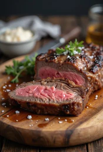 Picanha, grillade brasilianska nötköttsskivor med stekt potatis och chimichurrisås