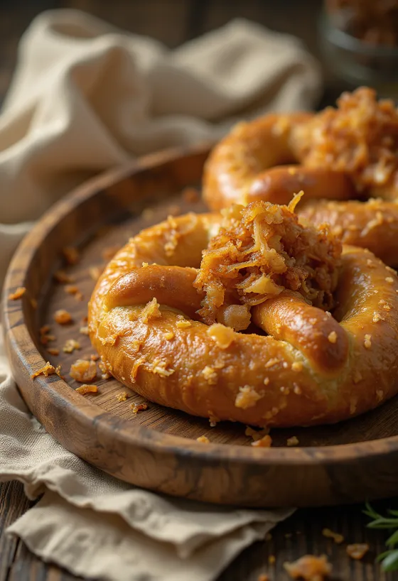 Pretzel serverad med rostad lök, rikligt toppad med karamelliserad lök, krispig utsida och mjuk insida.