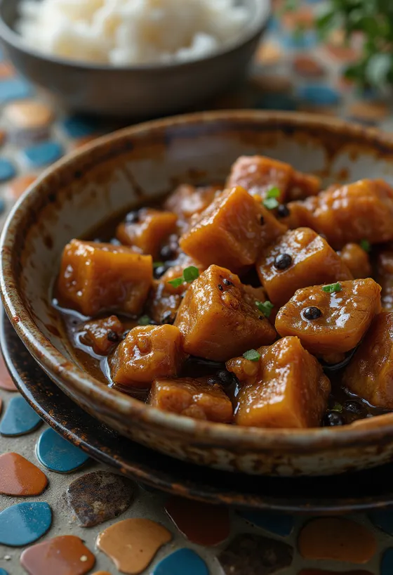 Adobo på fläskkött, serverad med ris och färsk koriander