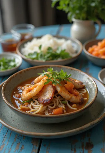 Bun Cha serverad med risnudlar och färska grönsaker