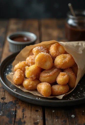 Churros-bites rullade i kanelsocker serverade med chokladsås