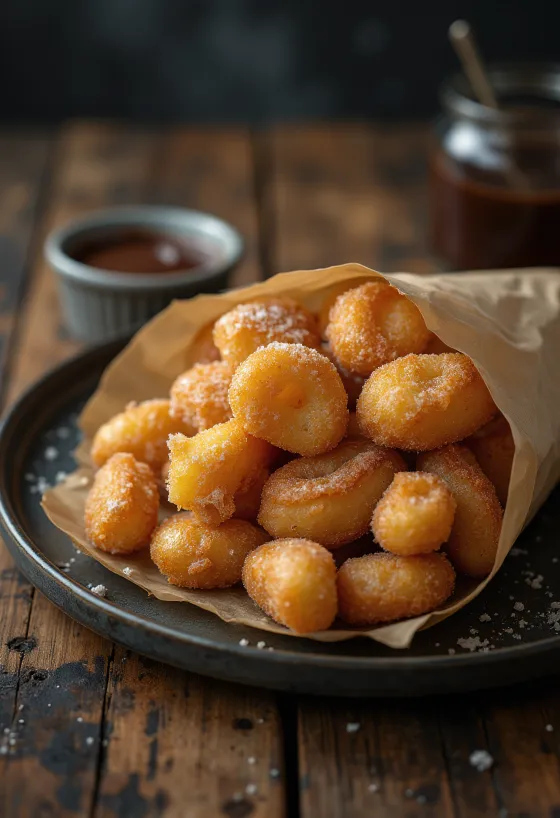 Churros-bites rullade i kanelsocker serverade med chokladsås
