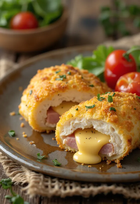 Cordon bleu serverad med fräsch sallad och stekt potatis