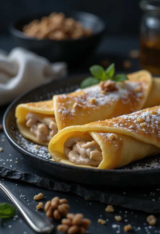 Pannkakor med valnötsfyllning serverade med chokladsås