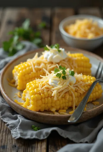 Färsk majs serverad med ost och gräddfil