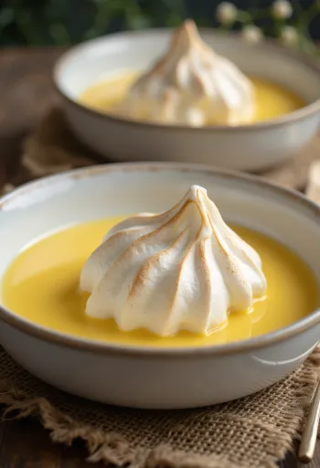 Flytande öar serverade i glas, dekorerade med vaniljkräm och äggviteskum