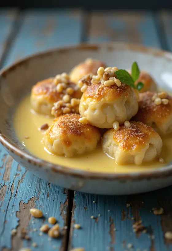 Traditionell Aranygaluska med vaniljsås – Mjuka valnötsbullar serverade med söt, krämig sås.