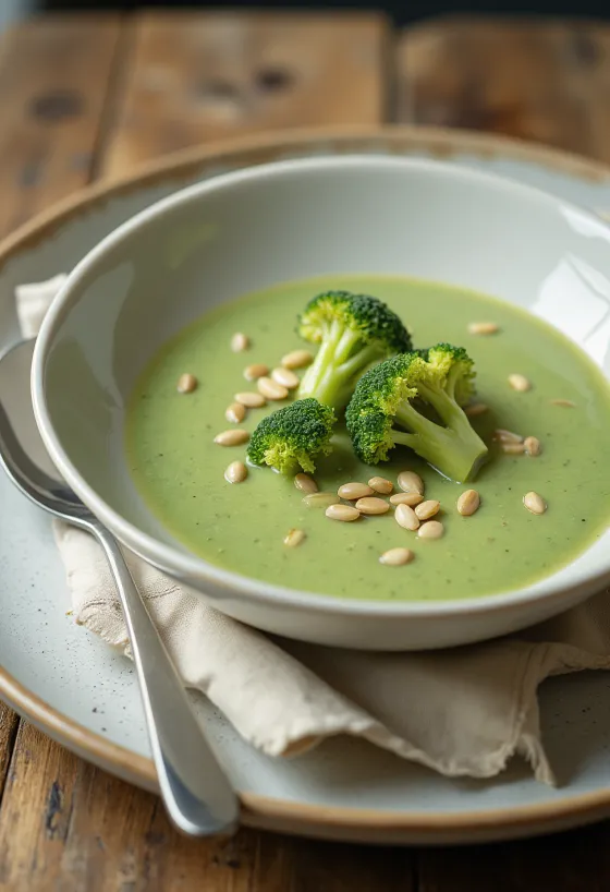 Broccolisoppa i skål med rostade frön