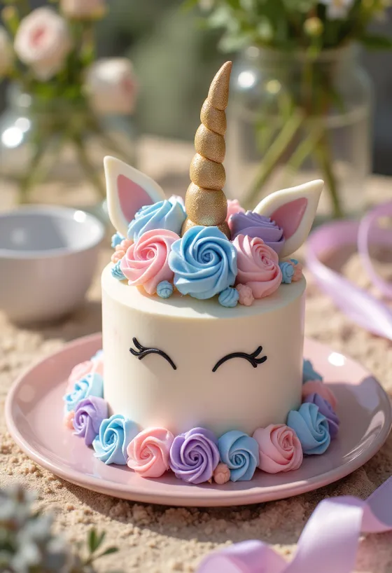 Enhörningstårta med färgglada tårtbottnar och fondantdekoration