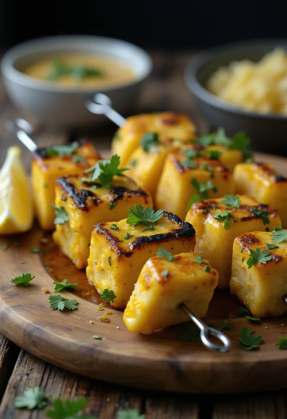 Achari paneer tikka, grillade paneerbitar kryddade i yoghurtmarinad, serverade med färsk koriander och citron
