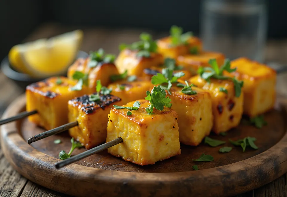 Achari paneer tikka, grillade paneerbitar kryddade i yoghurtmarinad, serverade med färsk koriander och citron