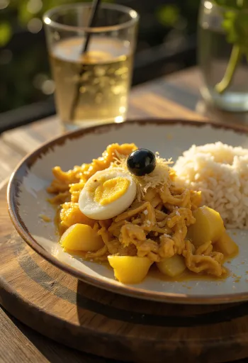 Ají de Gallina serverad med lök, färska ägg och mandelflagor