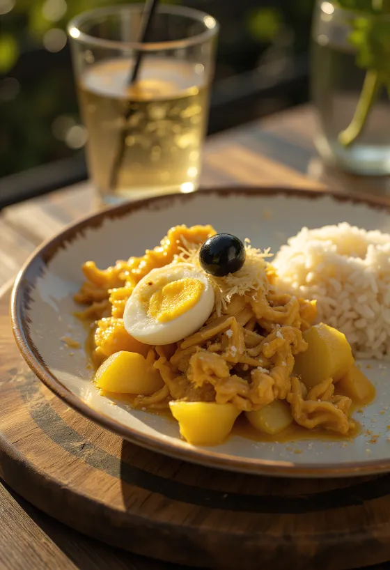 Ají de Gallina serverad med lök, färska ägg och mandelflagor