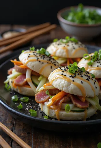 Bao bun med tonfisk tataki serverad