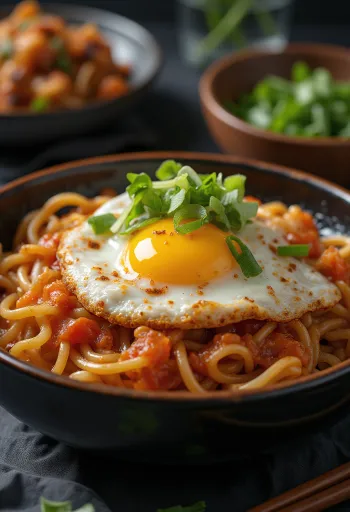 Kimchipasta i rik sojasås, dekorerad med ägg och salladslök