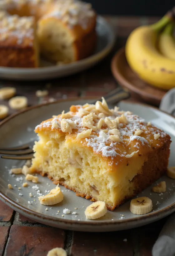 Kokos- och banantårta pudrad med florsocker och dekorerad med kokosflingor