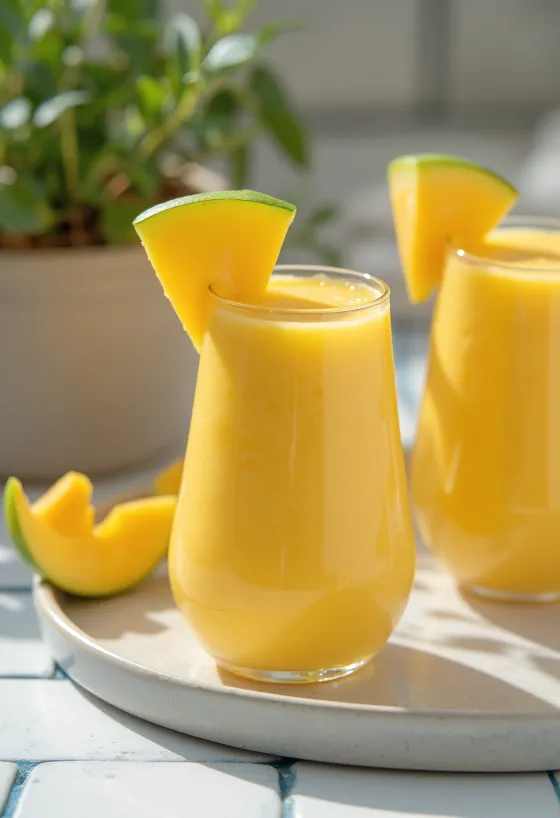 Mangosmoothie i högt glas, dekorerad med mangoskivor