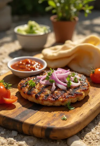 Pljeskavica, serbisk färsbiff med ajvar och stekt potatis