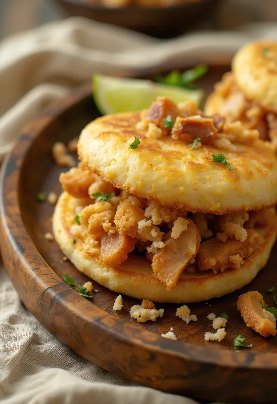 Arepa con Chicharrón serverad i koreansk stil