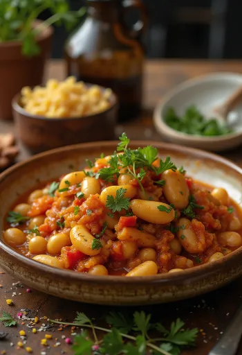 Chakalaka med bönor serverad med färsk koriander