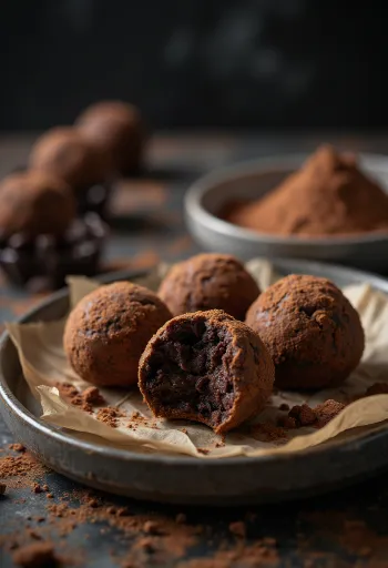 Mörka chokladtryffelbollar serverade på ett fat