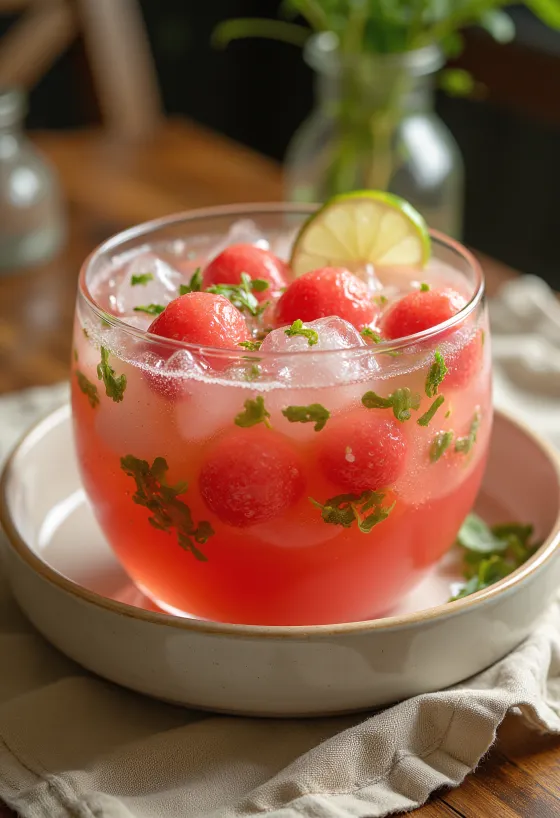 Melon- och mynta-Hwachae, serverad med färsk melon och mynta