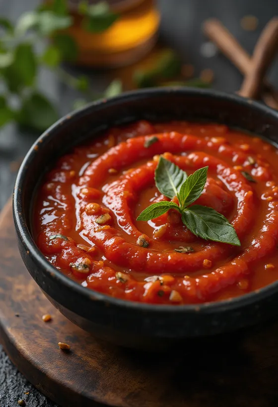Kryddig tomatsås serverad med pasta