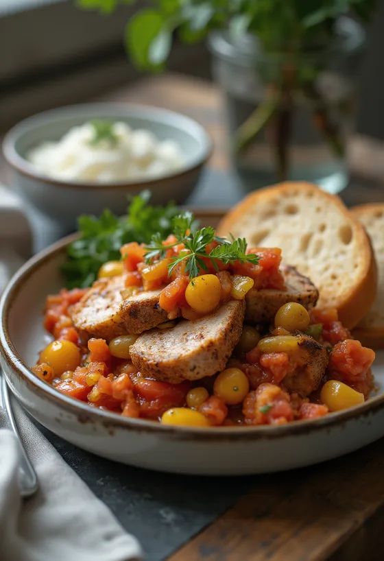Saftig karré med lecsó gjord på fläskkött, färsk paprika och tomat.