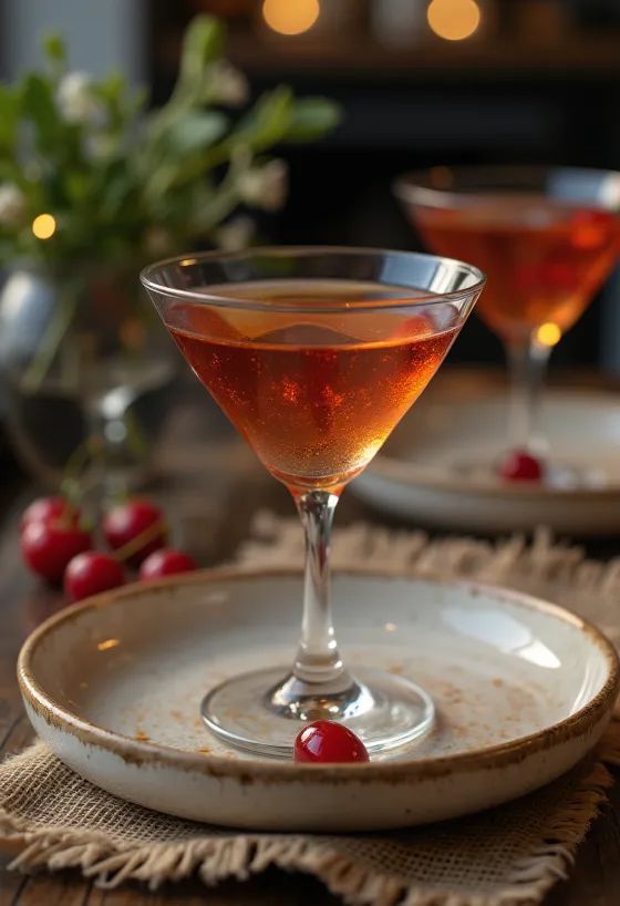 Manhattan-cocktail dekorerad med cocktailkörsbär och apelsinskal