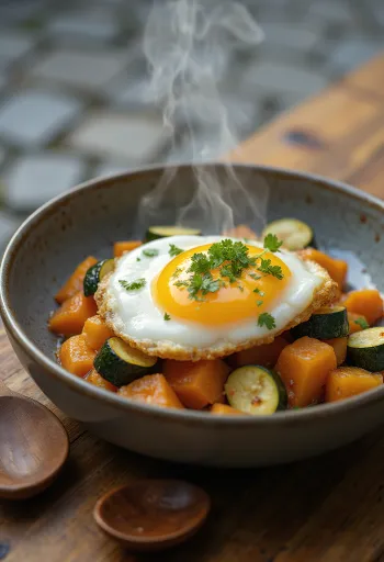 Onsen Tamago med rostade grönsaker, serverad med mjukt ägg och färsk koriander