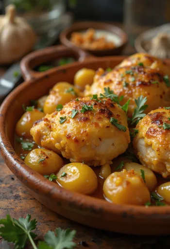 Pollo al Ajillo, spansk vitlökskyckling serverad med vitvinssås