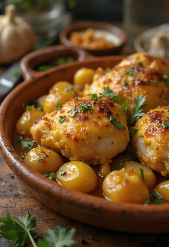 Pollo al Ajillo, spansk vitlökskyckling serverad med vitvinssås