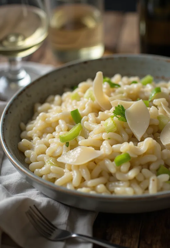 Prebiotisk krämig risotto med purjolök, serverad med färsk parmesan och peppar