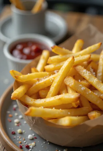 Gyllenbruna pommes frites friterade till krispighet och strösslade med färska örter.