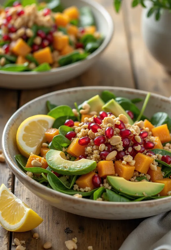 Buddha bowl med rostad pumpa och jordnötter serverad