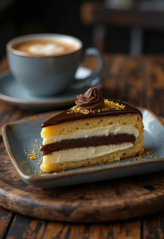 Fransk operatårta med lager av chokladganache och espressosmak
