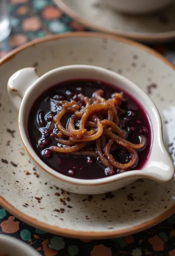 Kryddig rödvinssås med lök serverad i såskanna