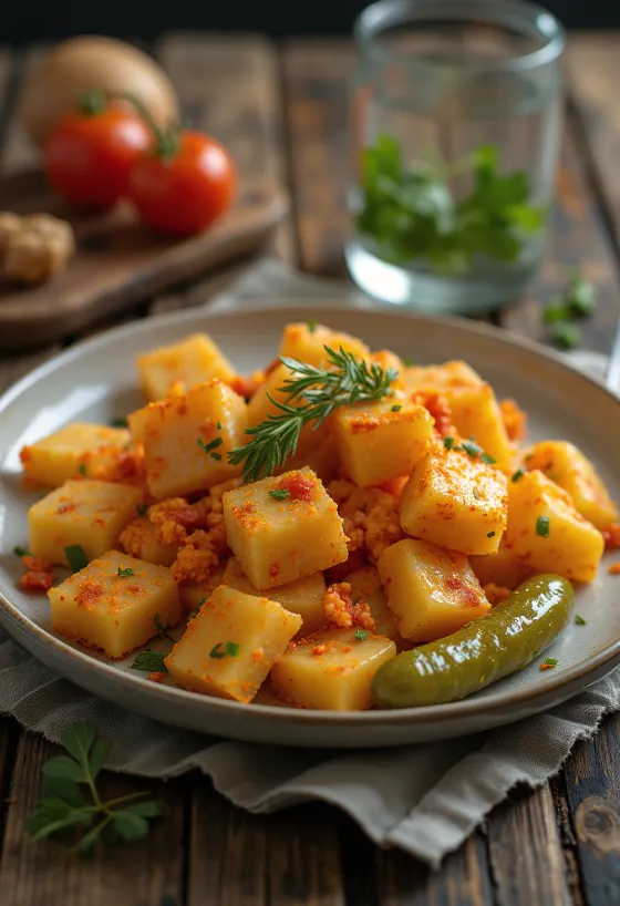 Potatispasta serverad med stekt lök och paprikapulver