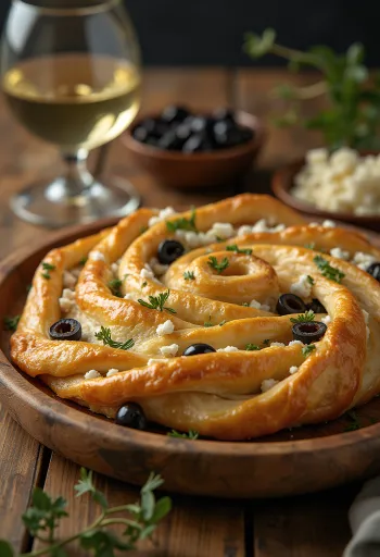 Burek med fetaost och oliver serverad i krispig filodeg