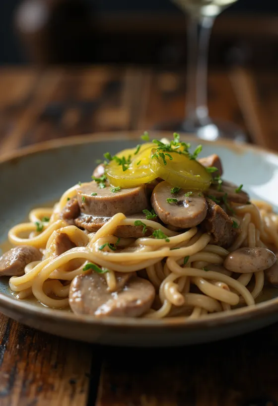 Biff Stroganoff serverad med silkeslen gräddfilssås