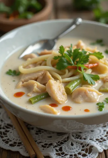 Thaikyckling i kokosmjölk, serverad med färsk koriander och jasminris